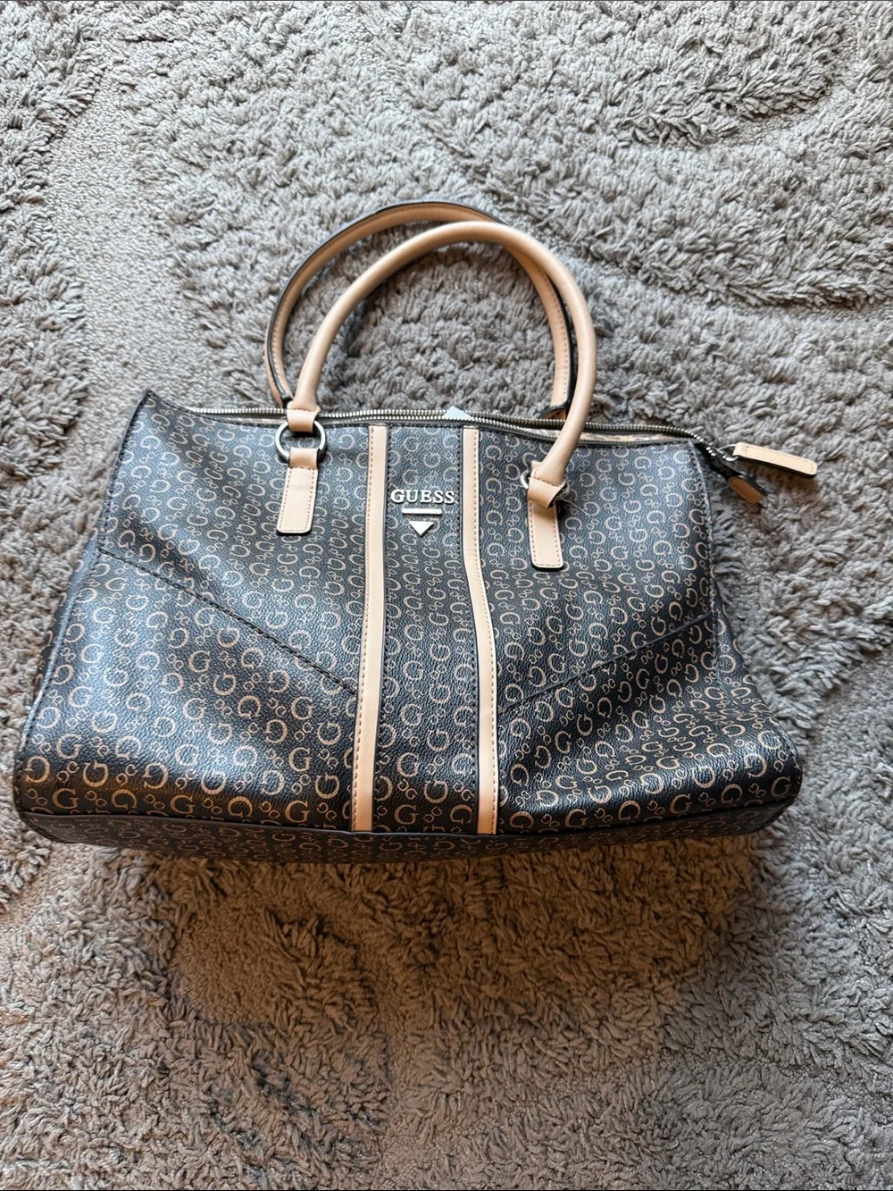 GUESS Brown Monogram Satchel with Tan Trim